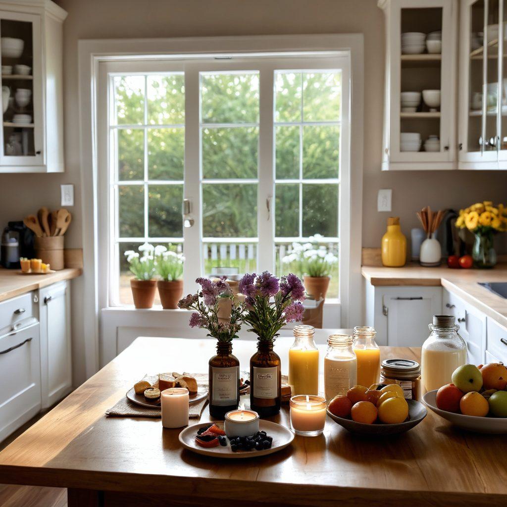 A serene morning scene with a warm sun rising over a cozy kitchen, showcasing V&M products like essential oils and natural candles on a wooden table. A person is joyfully preparing breakfast, surrounded by fresh flowers and fruits, exuding a sense of peace and happiness. Soft pastel colors add to the atmosphere of bliss and contentment. super-realistic. vibrant colors. warm lighting.