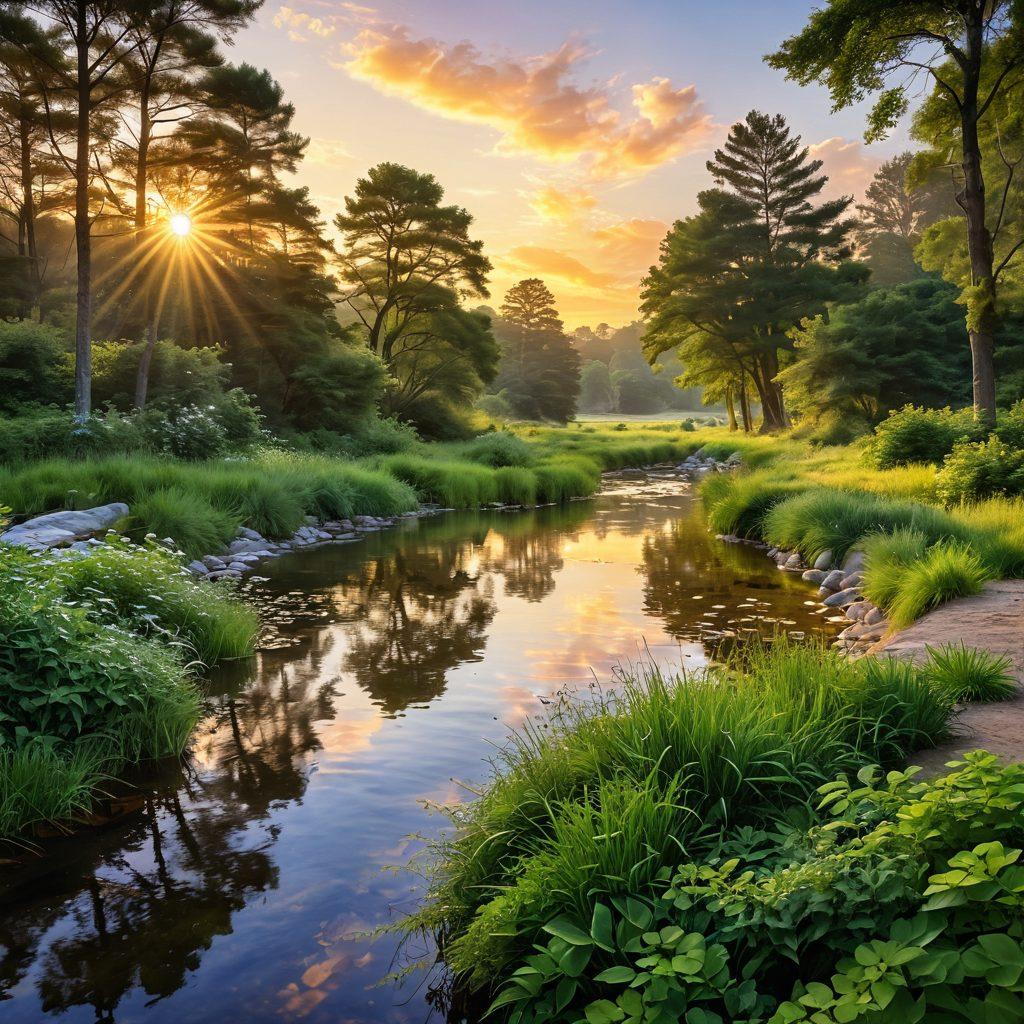 A serene landscape transitioning from a bright, cheerful sunrise to a calm, content sunset, symbolizing the journey from cheerfulness to contentment. Include diverse people engaged in joyful activities and peaceful moments, with soft light accentuating their expressions. The foreground should feature lush greenery and a gentle stream, inviting tranquility. super-realistic. warm tones. gentle focus.
